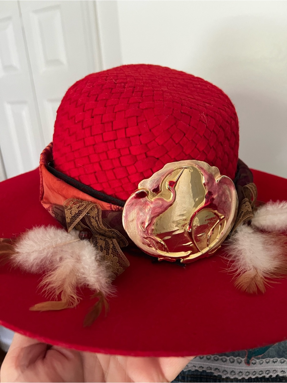 Women's red wool decorative Wide-Brim Hat with Gold Accent